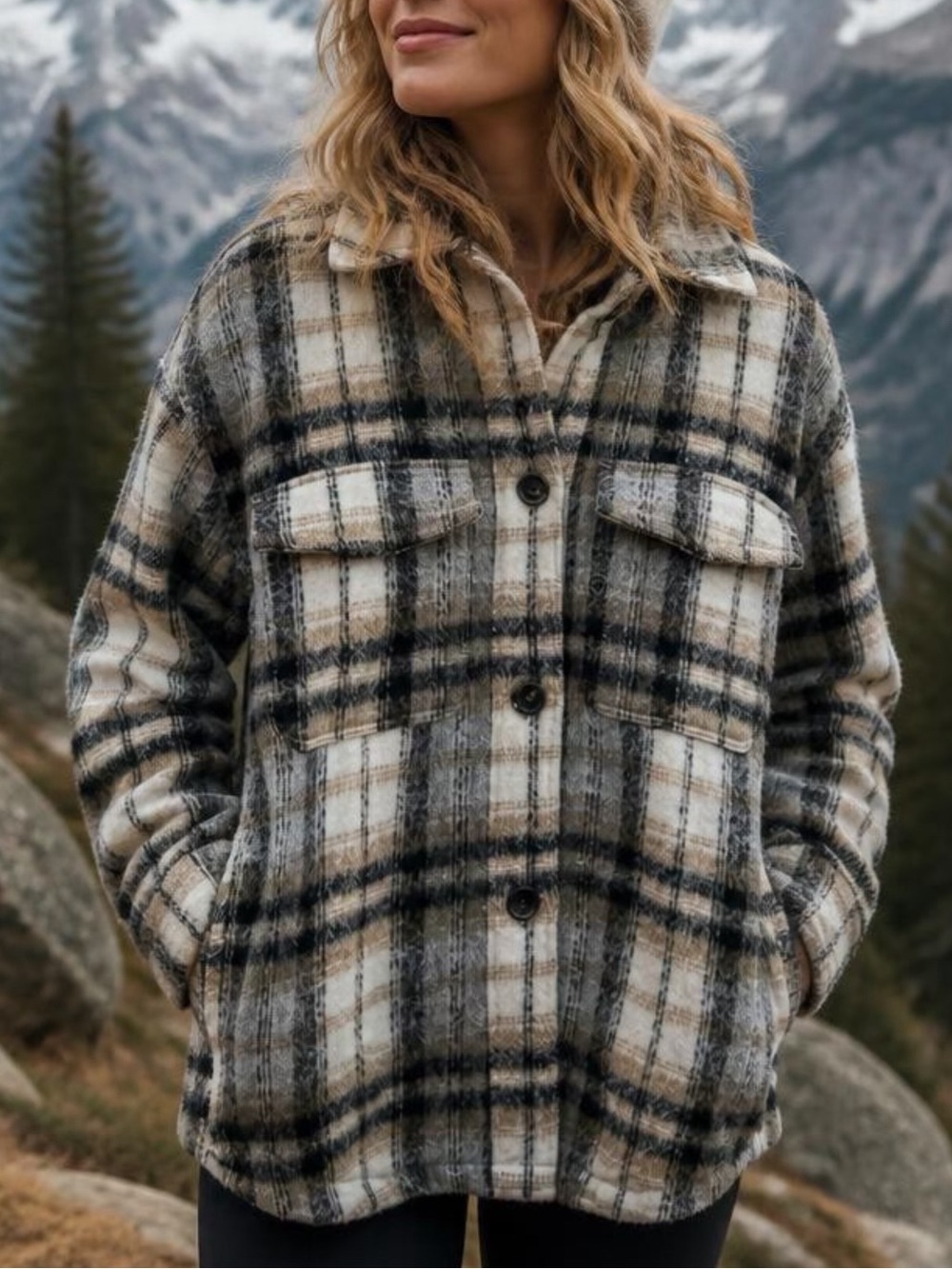Bershka Cream, Black & Tan Plaid shacket Sz L wool blend oversized pockets